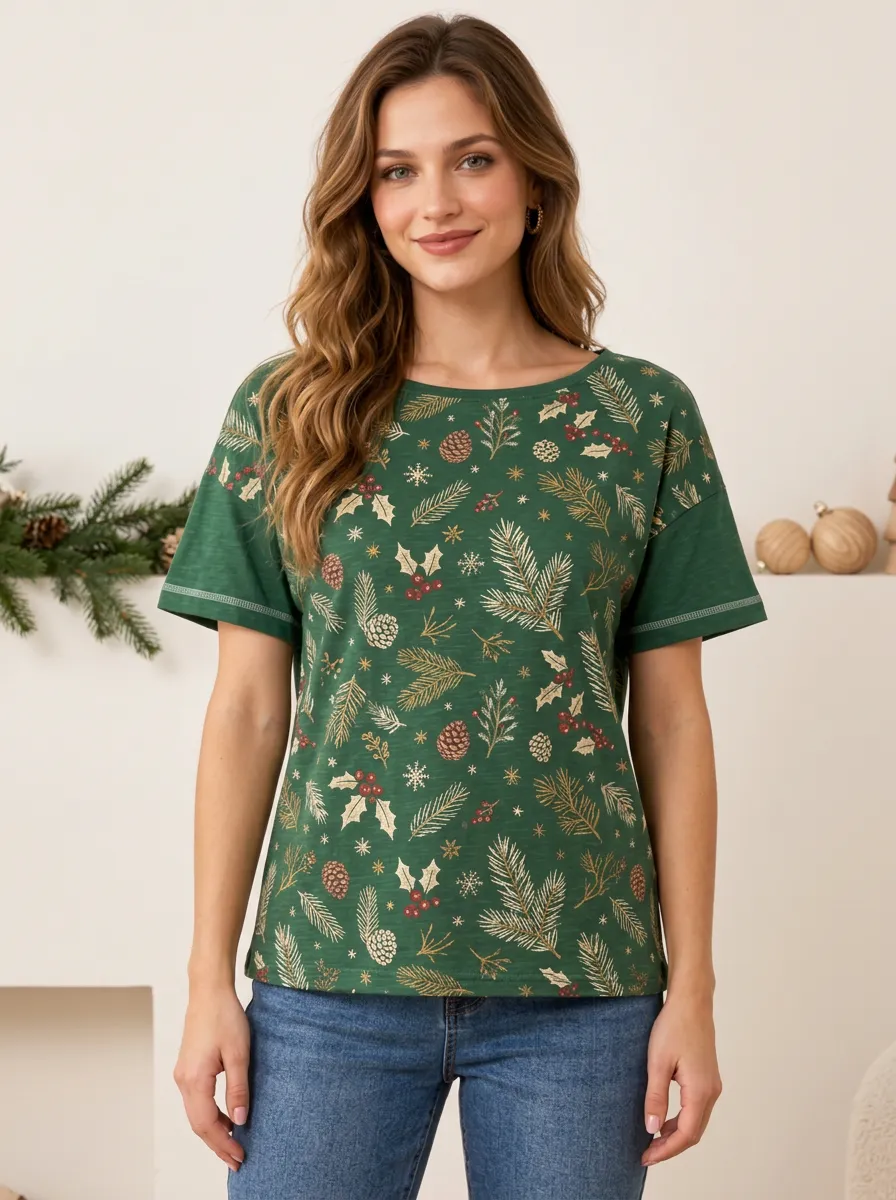 Winter Holly and Pinecone Botanical Print Tee