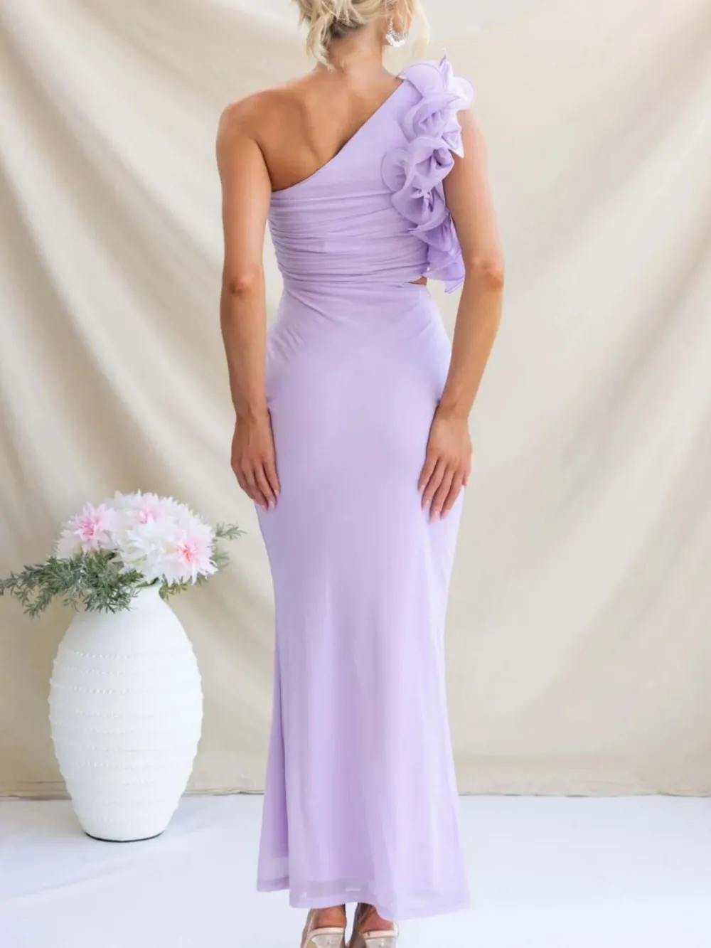 Ruched One-Shoulder Sleeveless Floral Maxi Dress