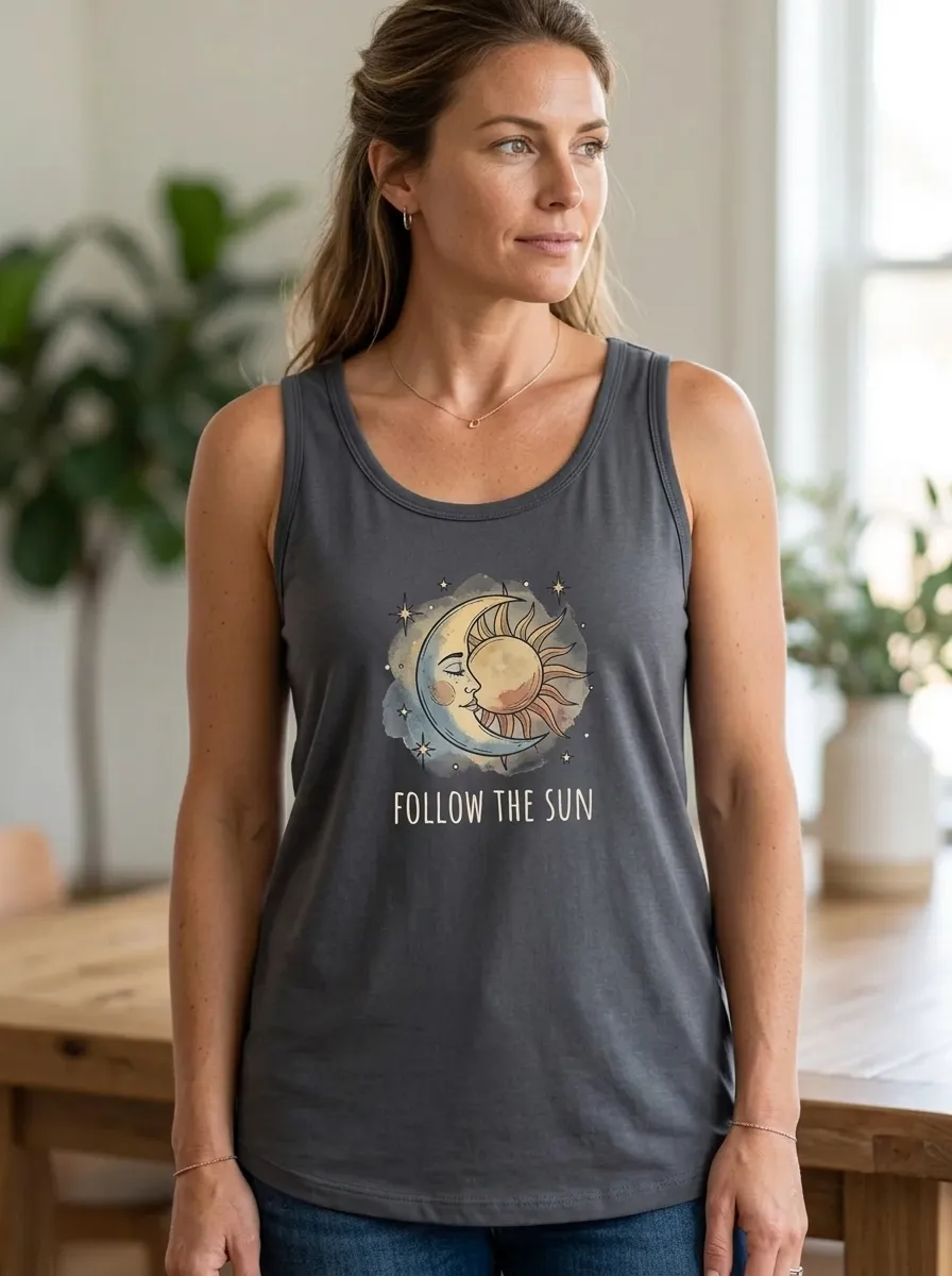 Women's Celestial Follow The Sun Moon And Sun Printed Tank Top