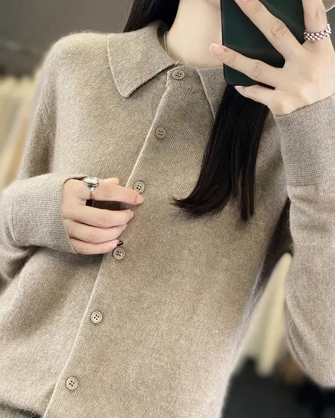 Mink-Cashmere Cashmere Button-Front Polo-Collar Cardigan