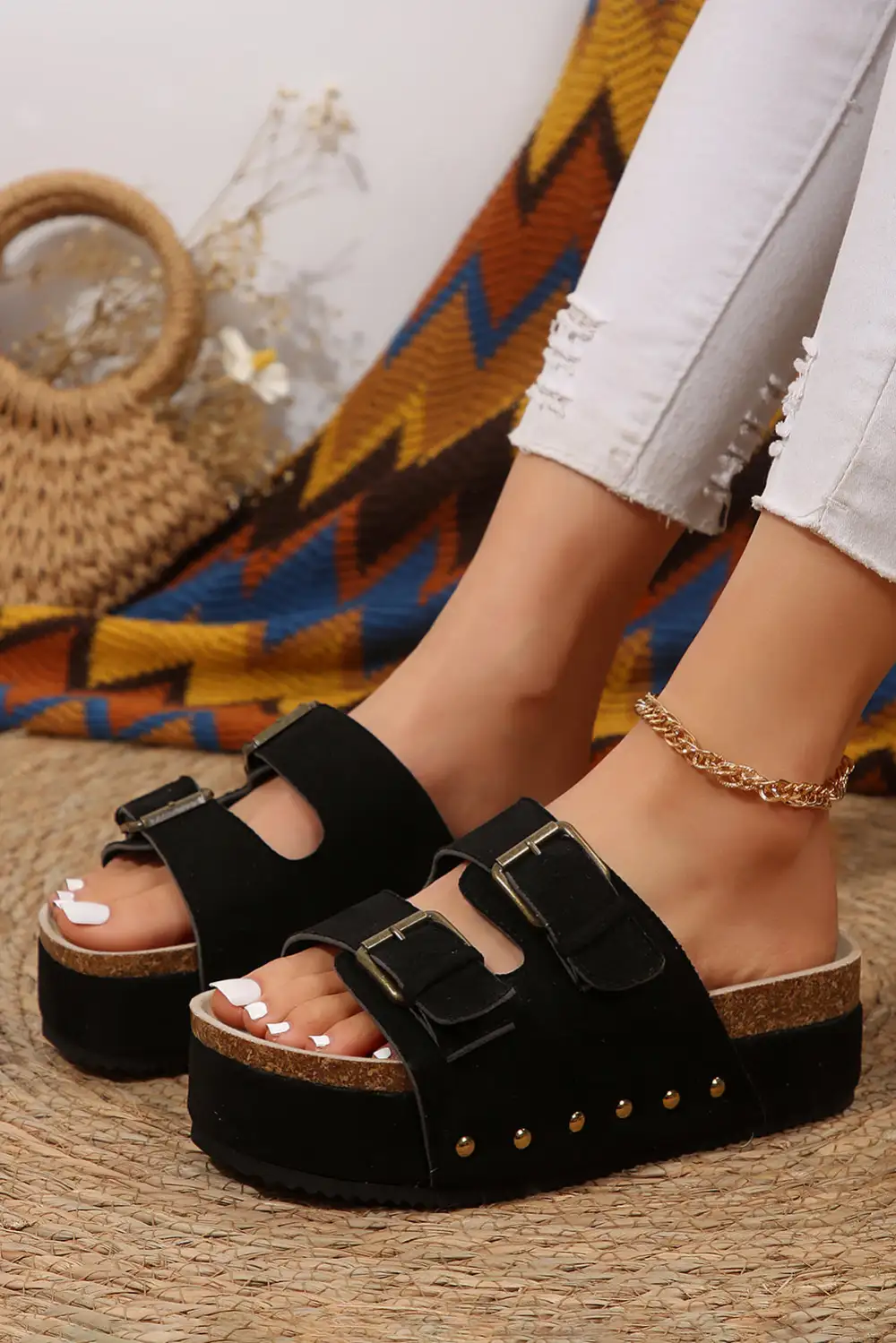 Suede Buckle Footbed Sandals