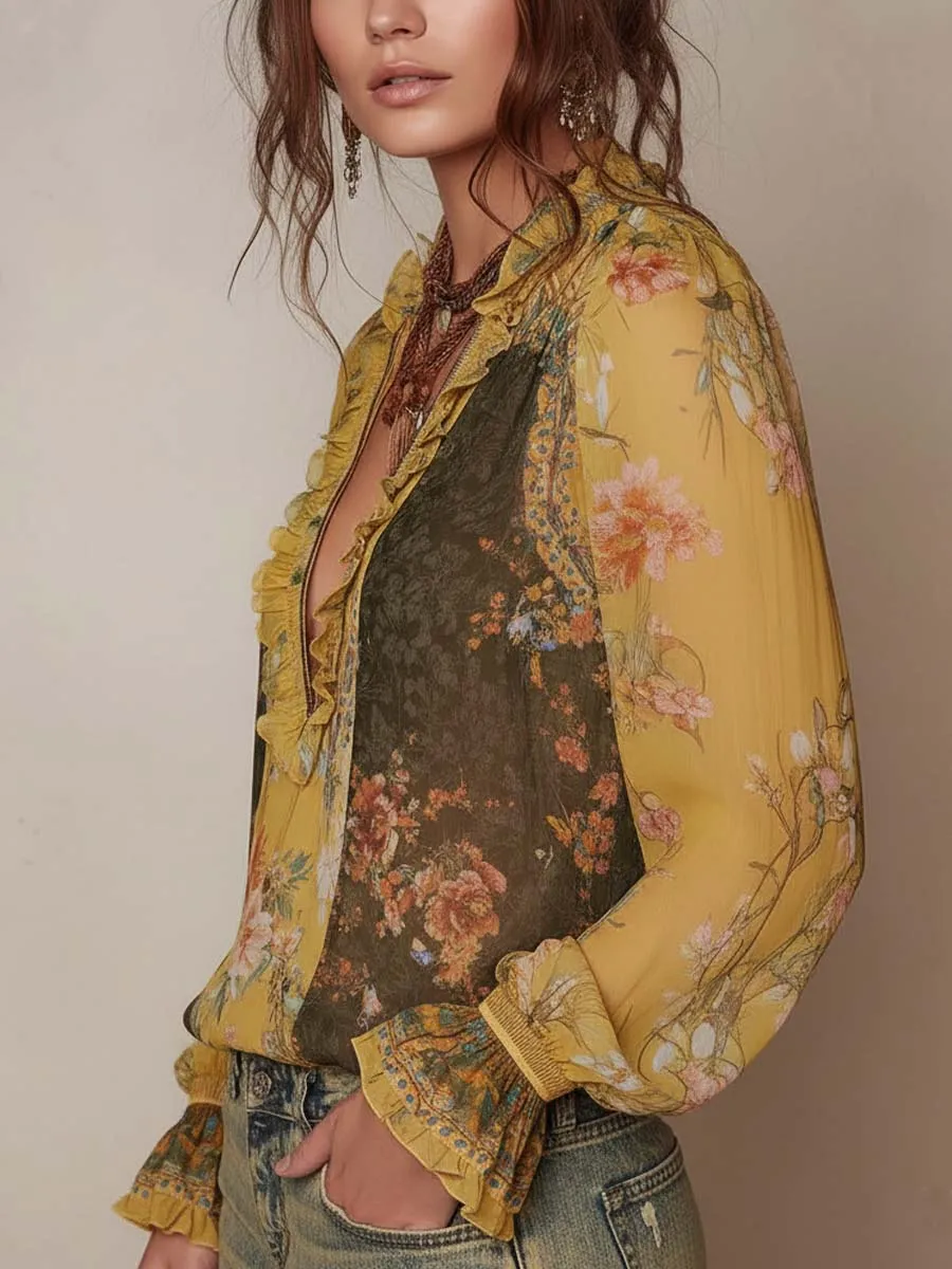 Zip-Front Ruffled Floral Chiffon Blouse