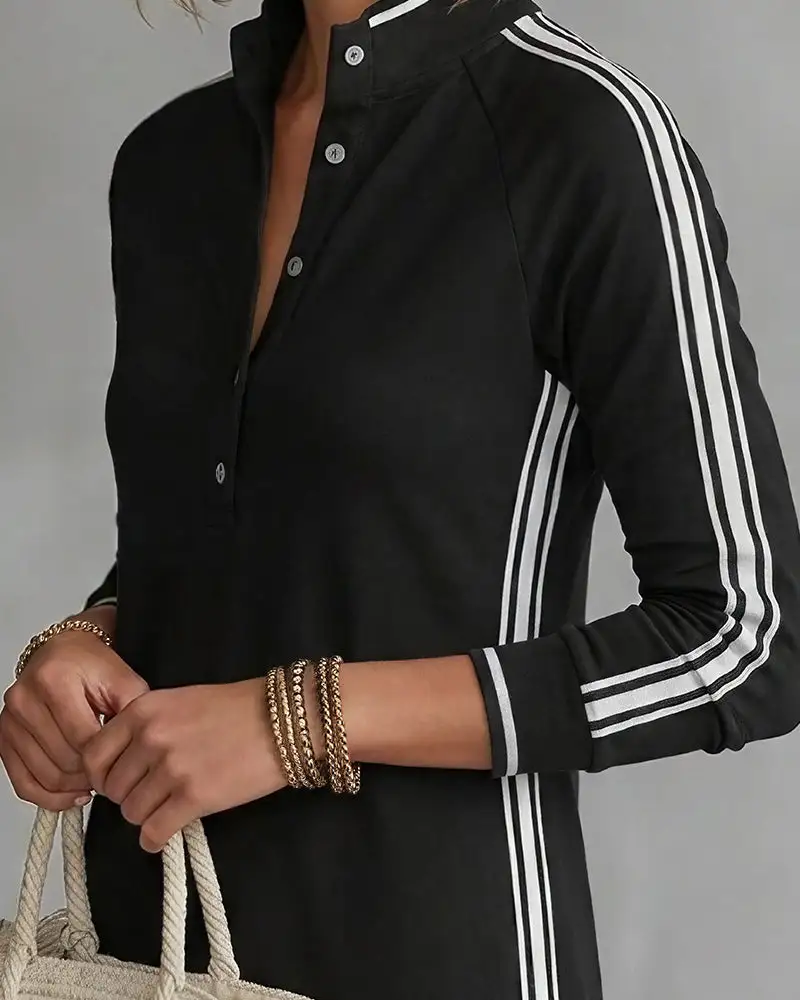 Sporty Chic Button Collar Maxi Dress with Side Stripes