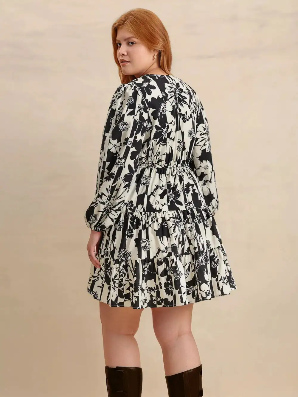 Drape Printed V Neck Long Sleeve Mini Dress