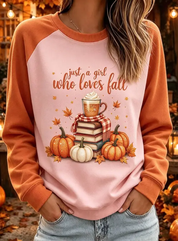 Women Just A Girl Who Loves Fall Pumpkin Book Raglan Sweatshirt