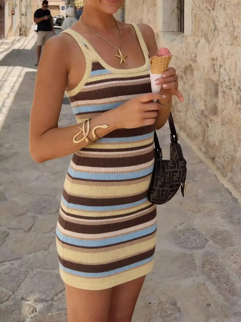 Scoop-Neck Knit Striped Mini Dress