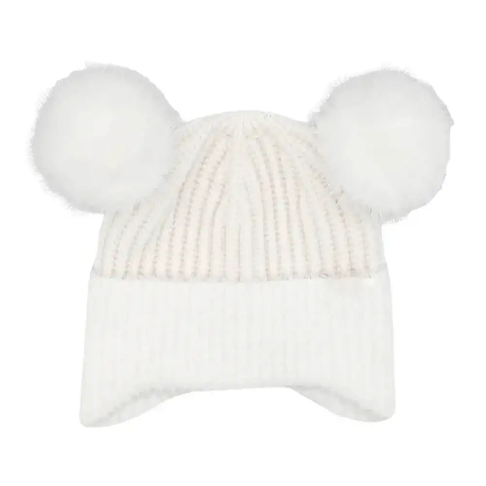 Faux Fur Earflap Double Pom Beanie
