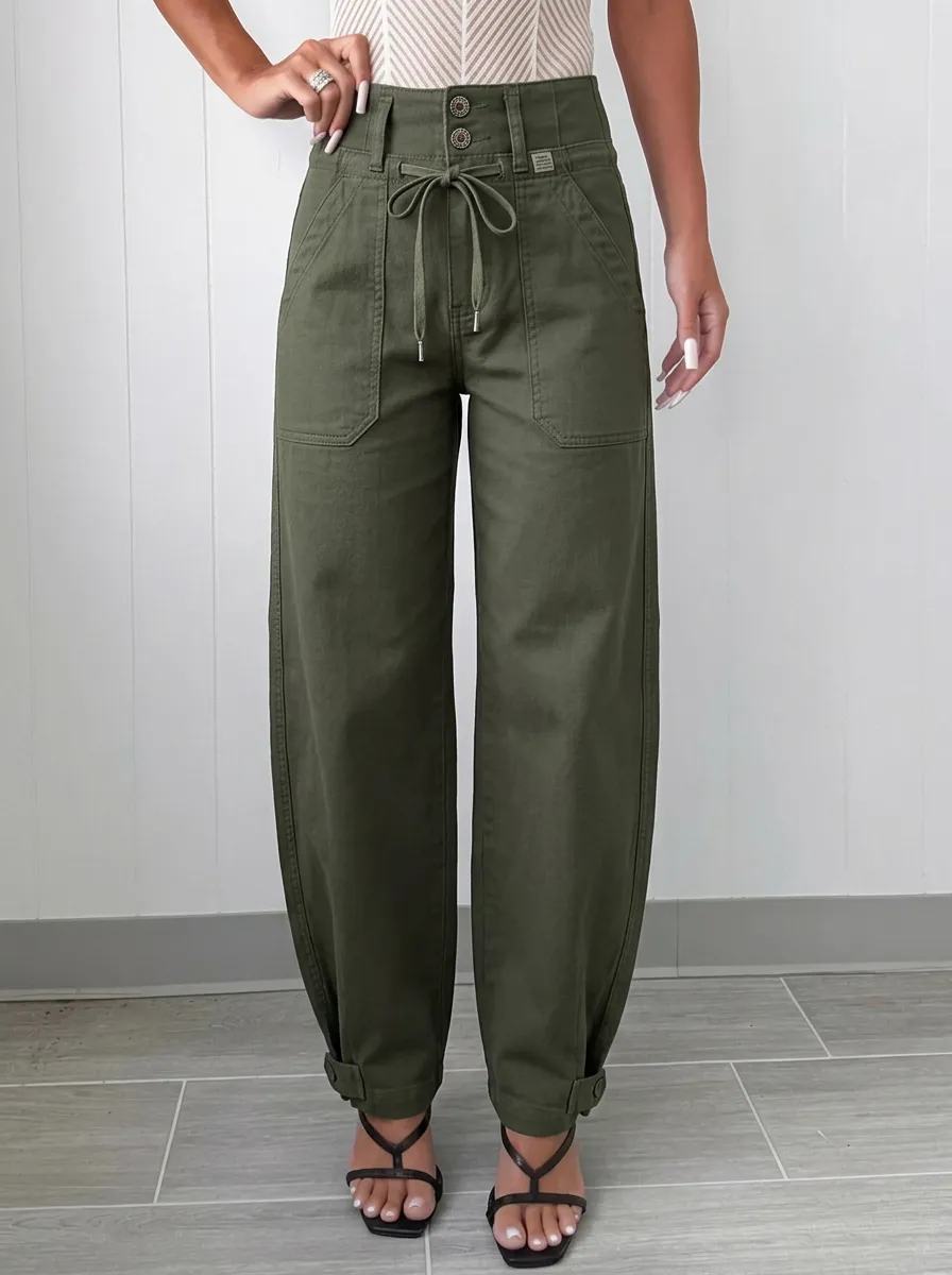Women's Casual Olive Green High-Waisted Drawstring Cargo Pants