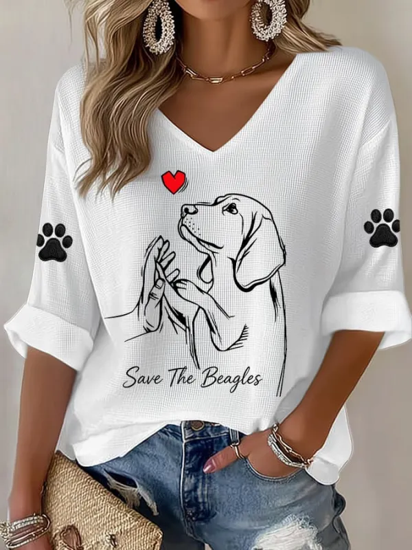 Women's Save The Beagles Print V Neck Top