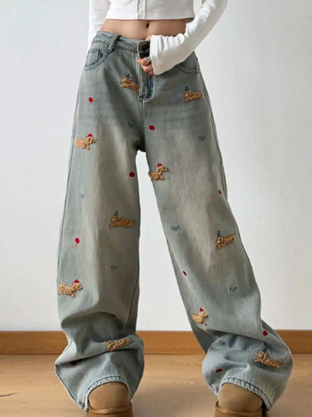 Polished Wide Leg Embroidered Denim Jeans