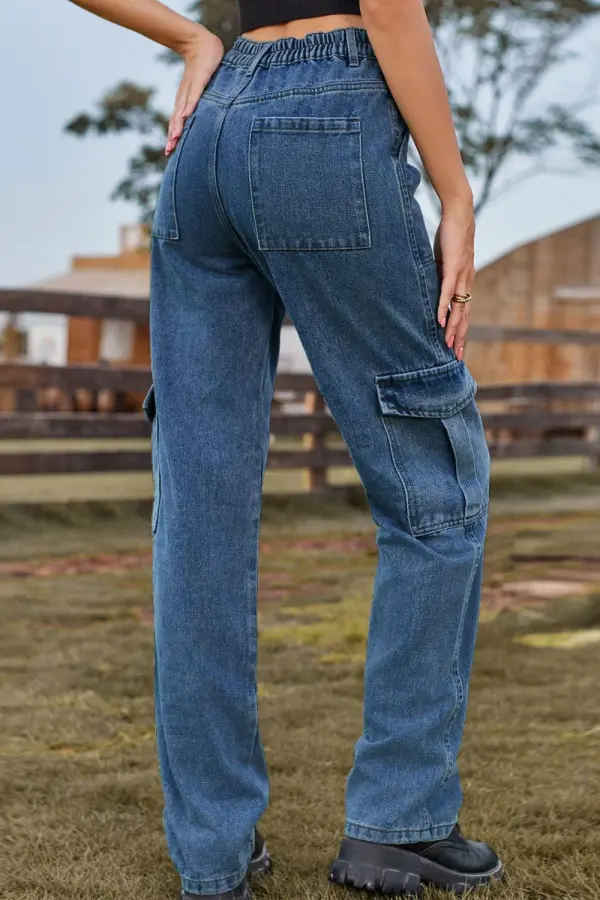 Loose Fit Long Pocket Detail Denim Jeans