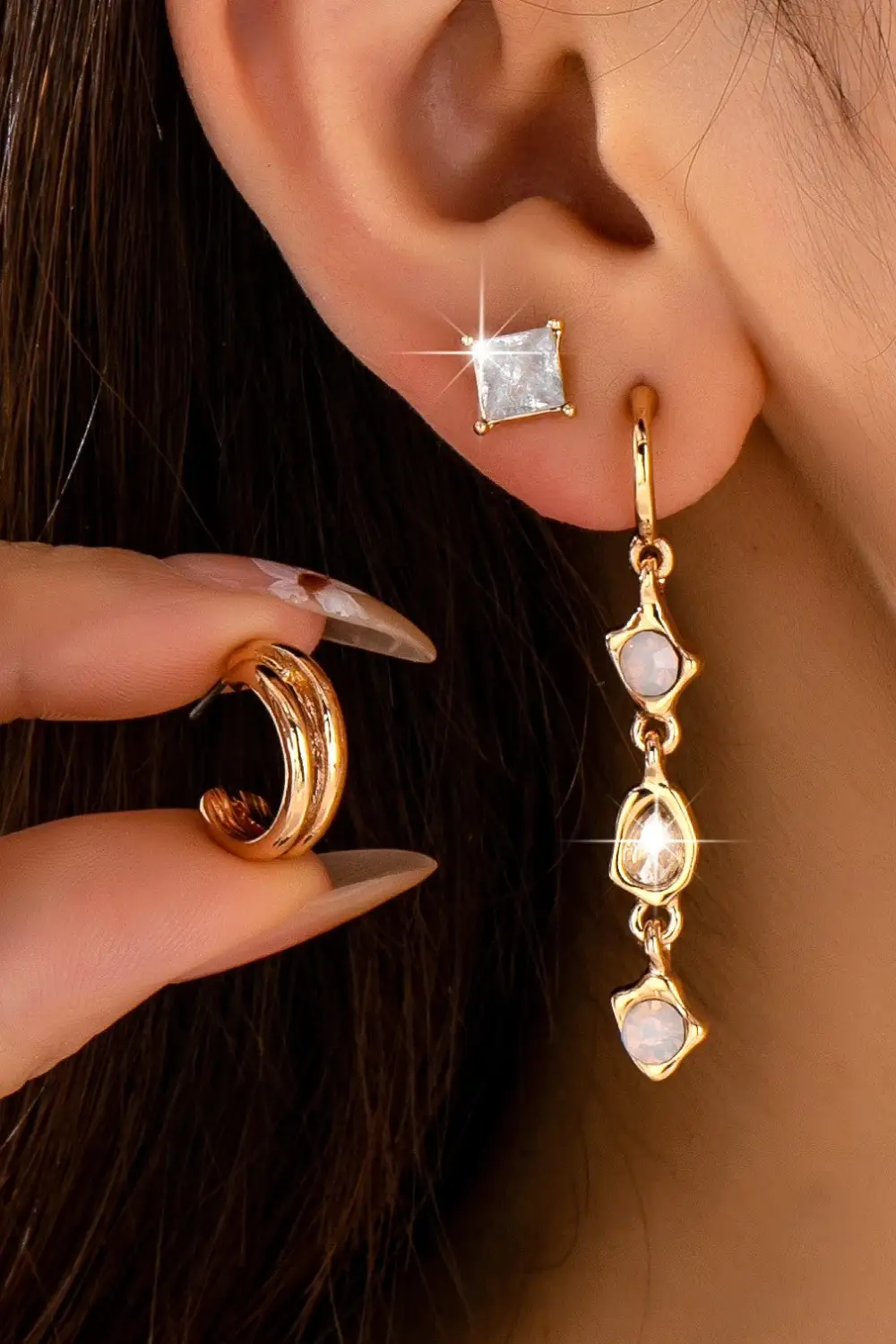 Opal Crystal Huggie arring Trio
