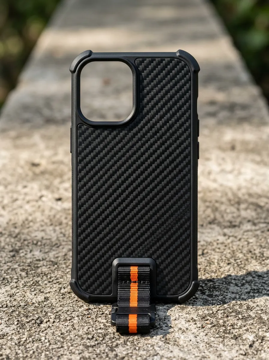 Unisex Carbon Fiber Texture Orange Strap Rugged Printed Phone Case