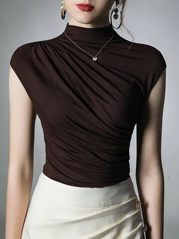 Slim Fit Pleat Detail Mock Neck T-Shirt
