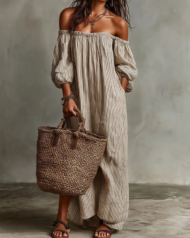 Striped Off-Shoulder Linen Resort Maxi Dress