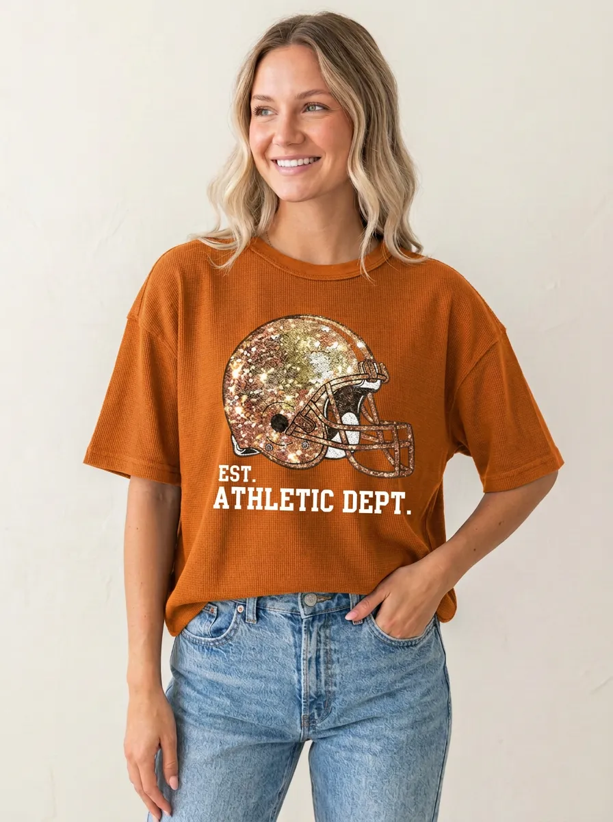 Women's Football Lover Glitter Helmet Athletic Dept Printed T-shirt