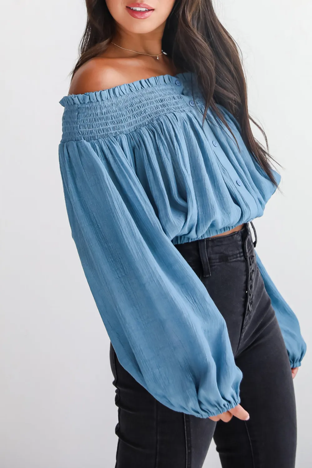 Blue Off-The-Shoulder Cropped Blouse