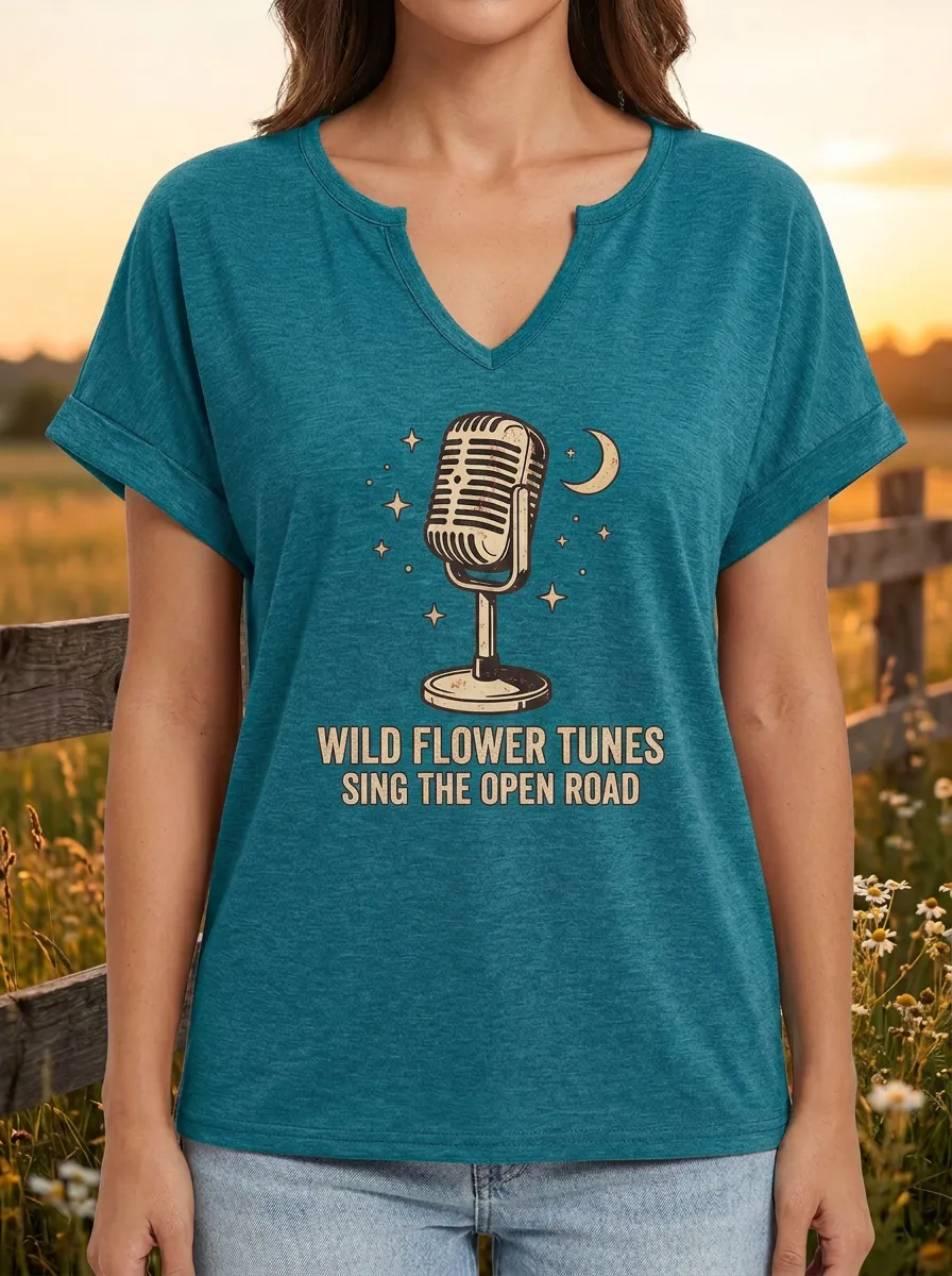 Floral Microphone Women's Country Music V-Neck T-Shirt