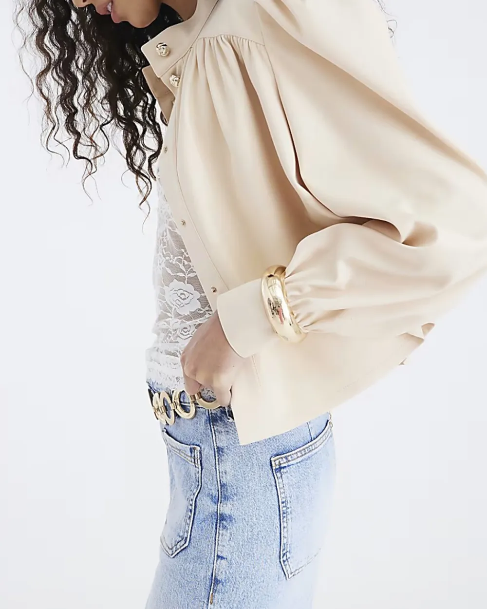 High Neck Women's Beige Shawl Time Jackets