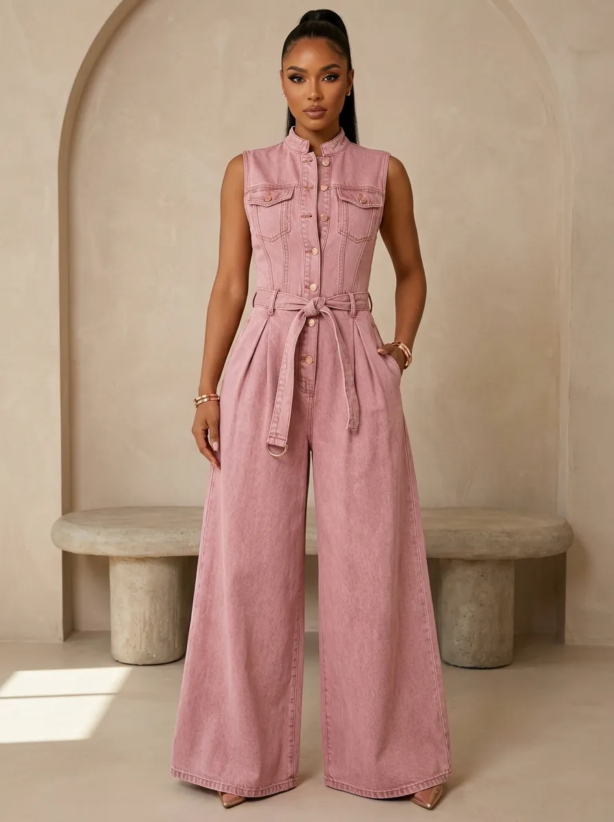Pink Sleeveless Button-Front Belted Denim Jumpsuit