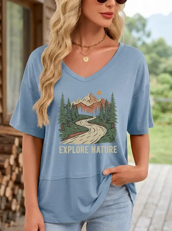 Women's Nature Lover Explore Mountain Forest Printed T-shirt