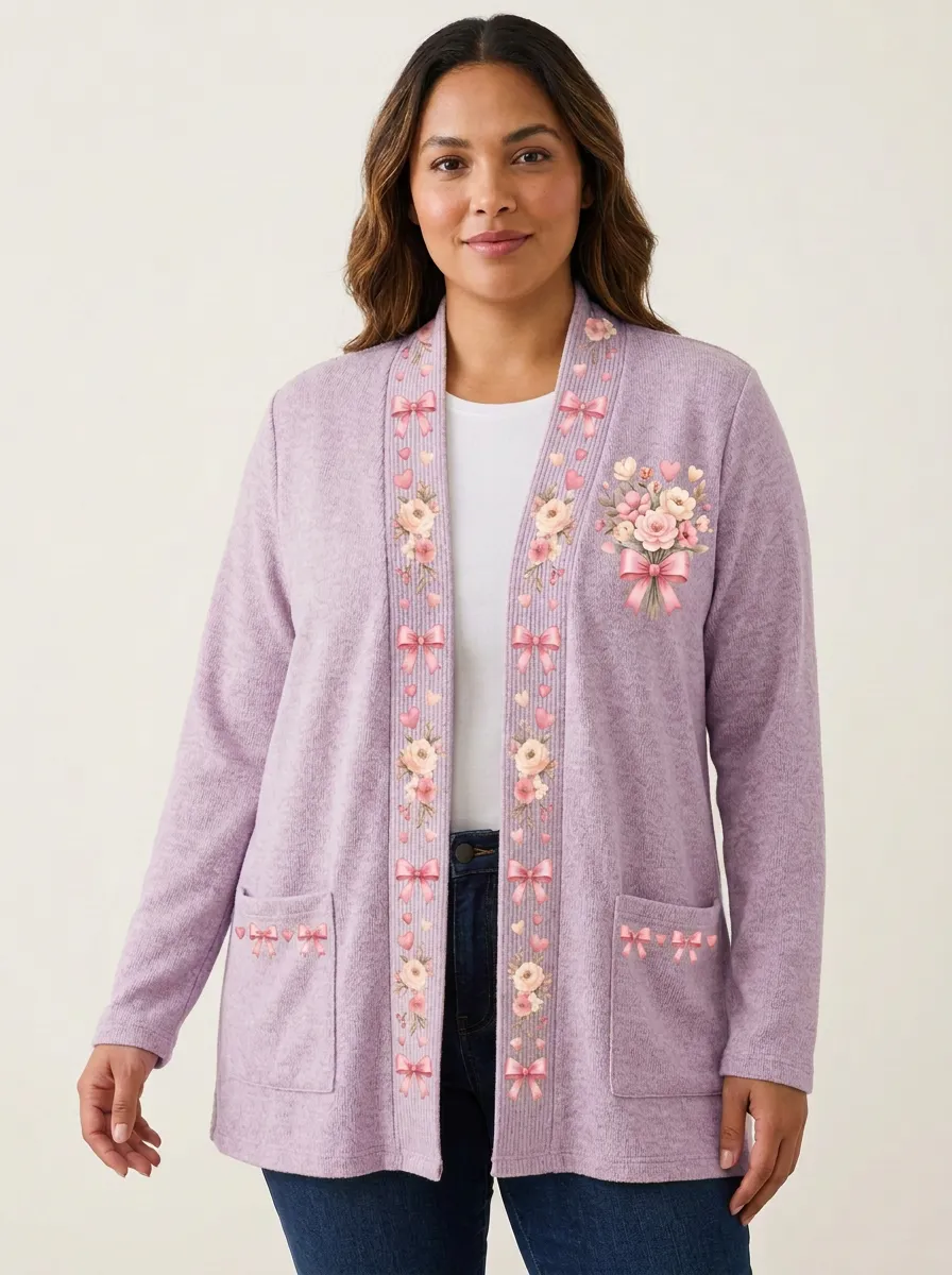 Women's Breast Cancer Awareness Pink Ribbon Floral Heart Printed Cardigan