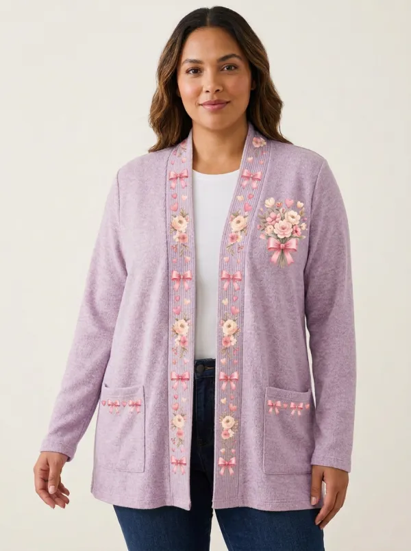 Women's Breast Cancer Awareness Pink Ribbon Floral Heart Printed Cardigan