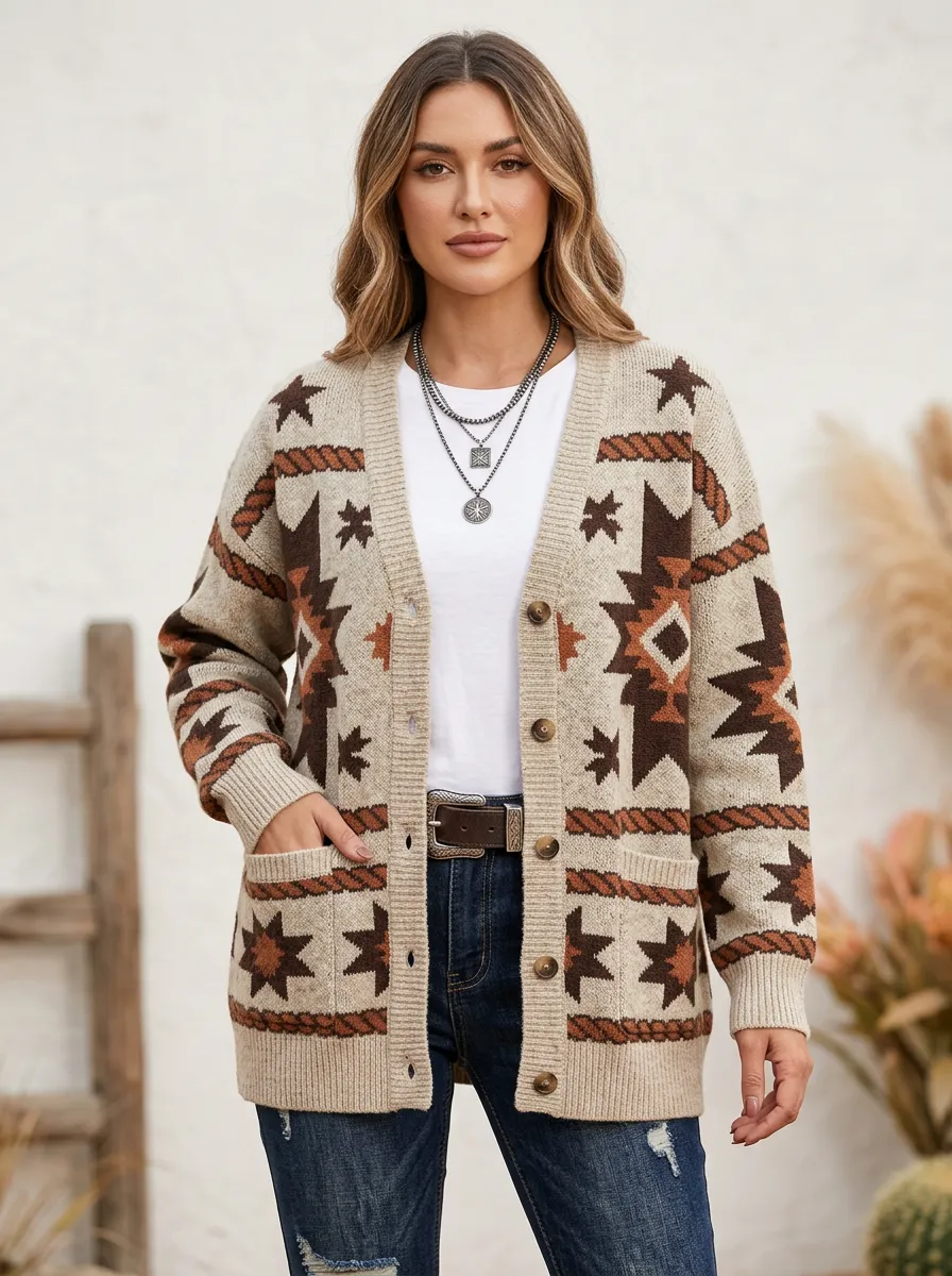 Women's Western Boho Geometric Star Pattern Printed Cardigan