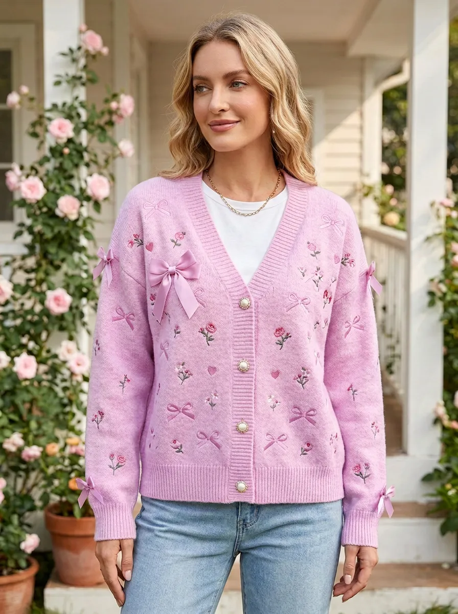 Women's Floral Embroidered Ribbon Bow Printed Cardigan