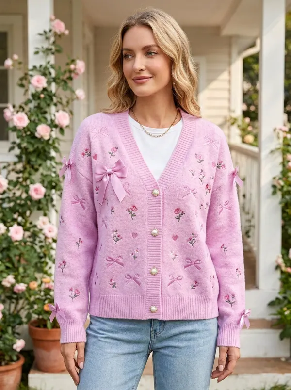 Women's Floral Embroidered Ribbon Bow Printed Cardigan