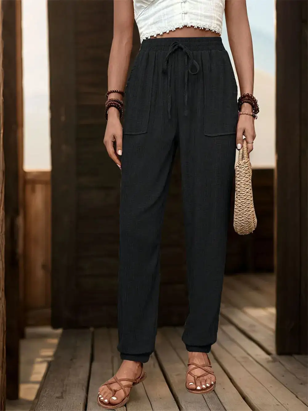 Jogger High Waist Textured Drawstring Pants