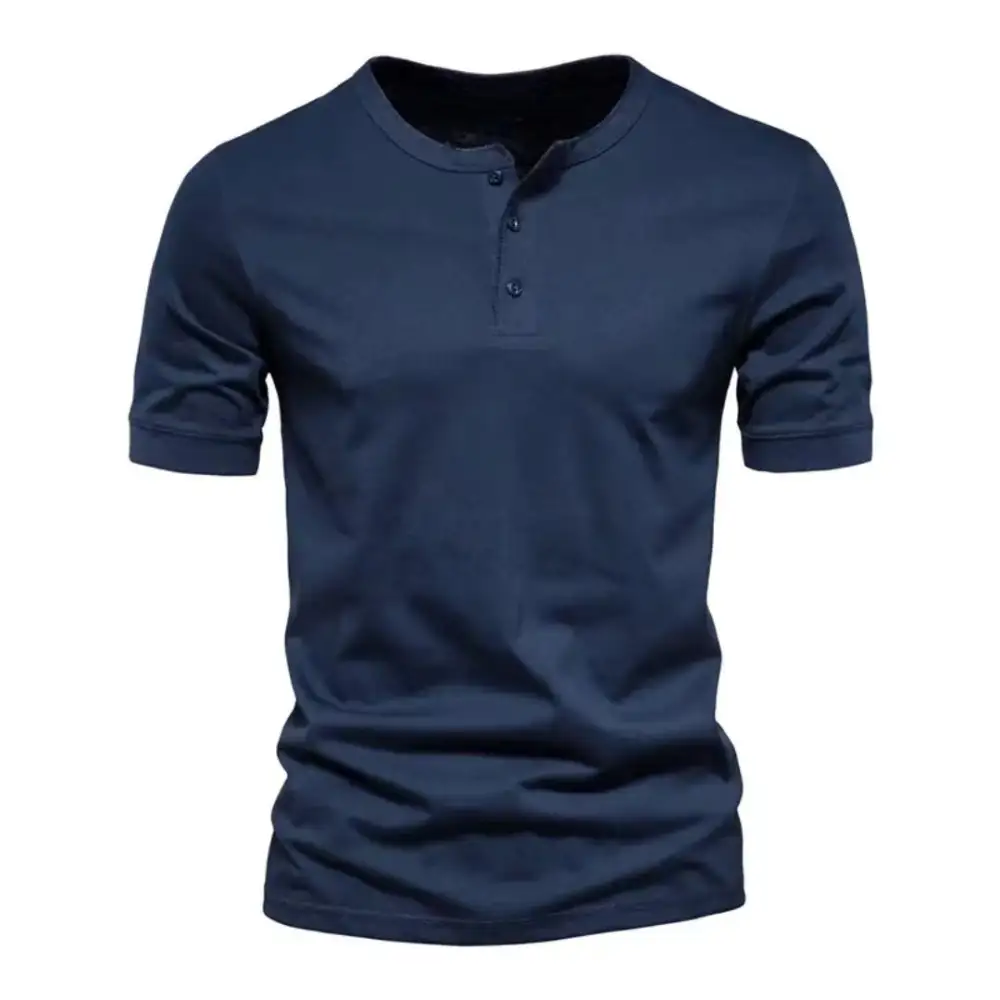 Men's Tailored Short-Sleeve Henley Shirt Cotton Blend With Button Placket