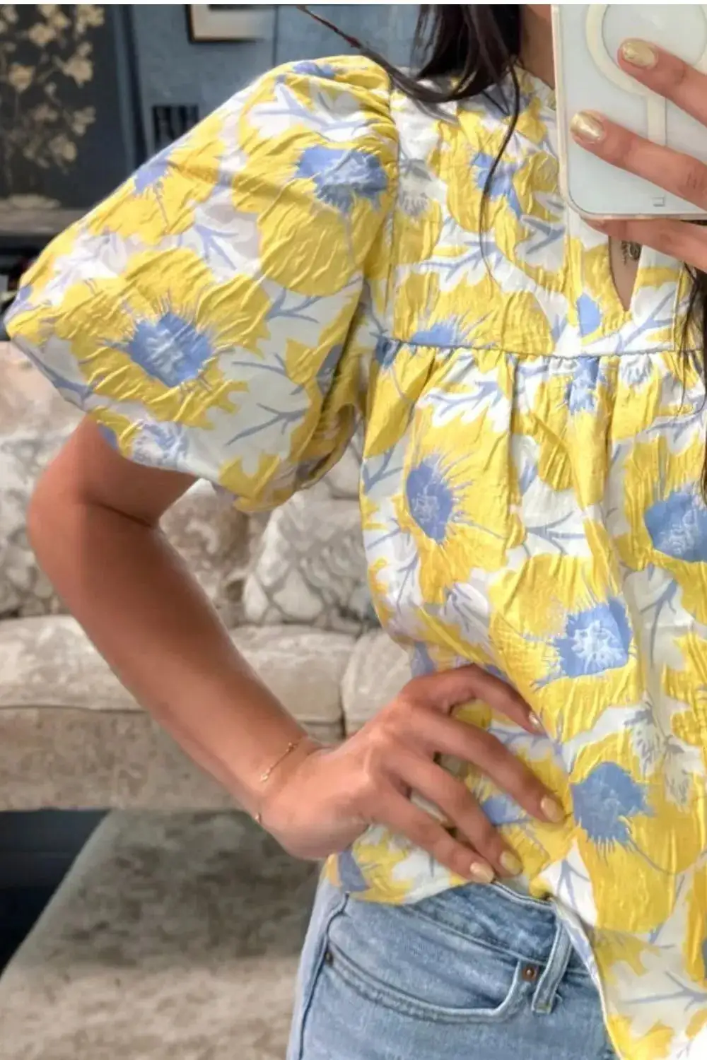 Short Bubble Sleeve Floral Blouse