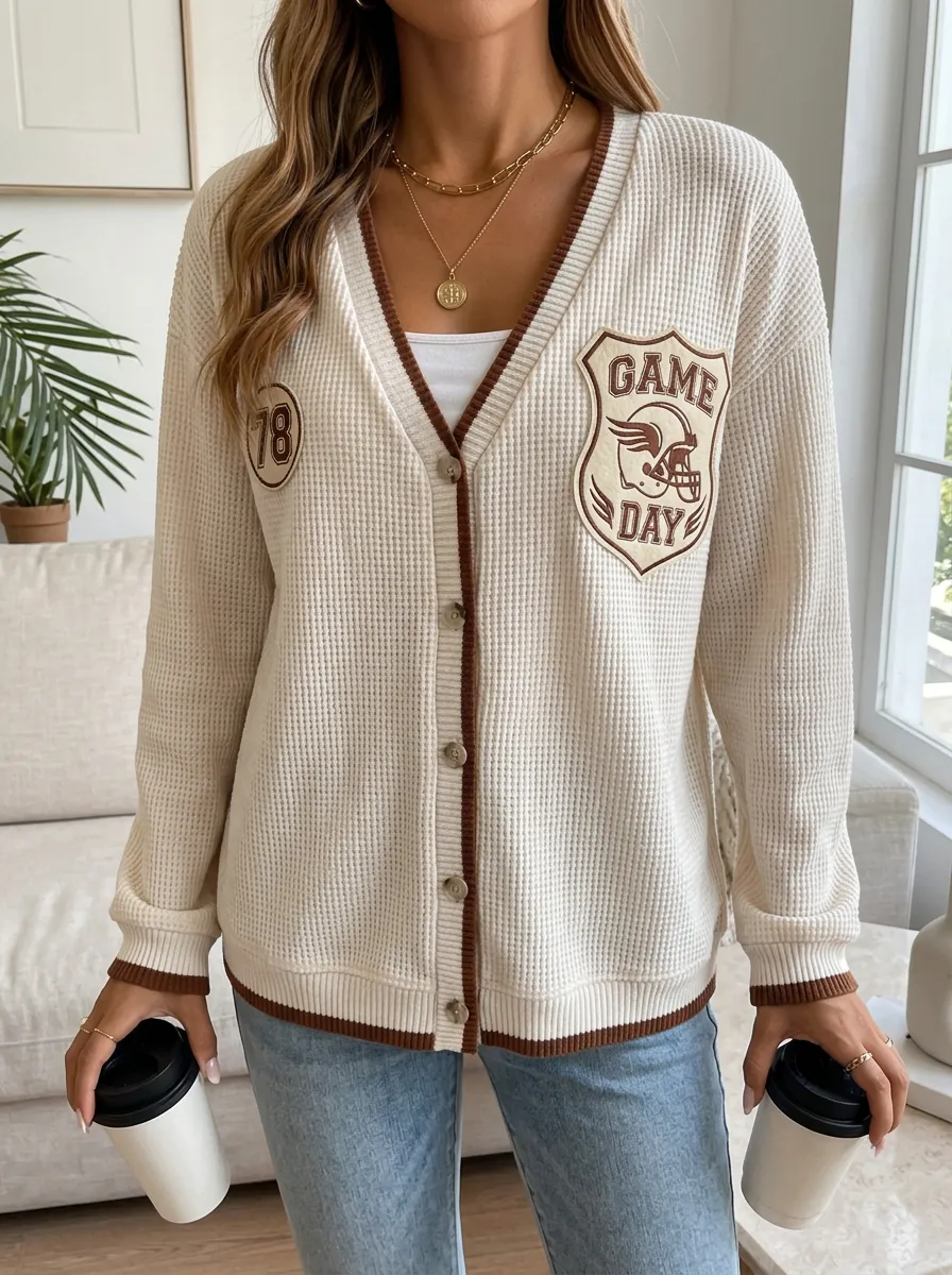 Women's Heritage Football Game Day Helmet Printed Waffle Knit Cardigan