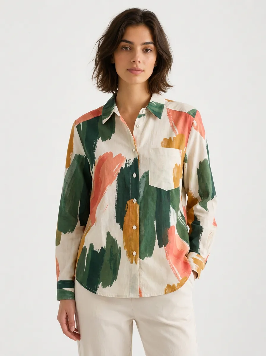 Women's Abstract Art Brushstroke Printed Button-Down Shirt