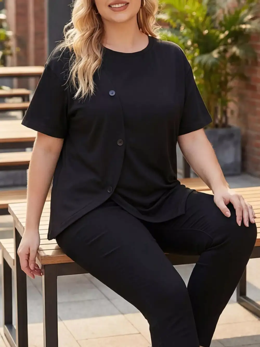 Plus Asymmetrical Button Decor Short Sleeve T