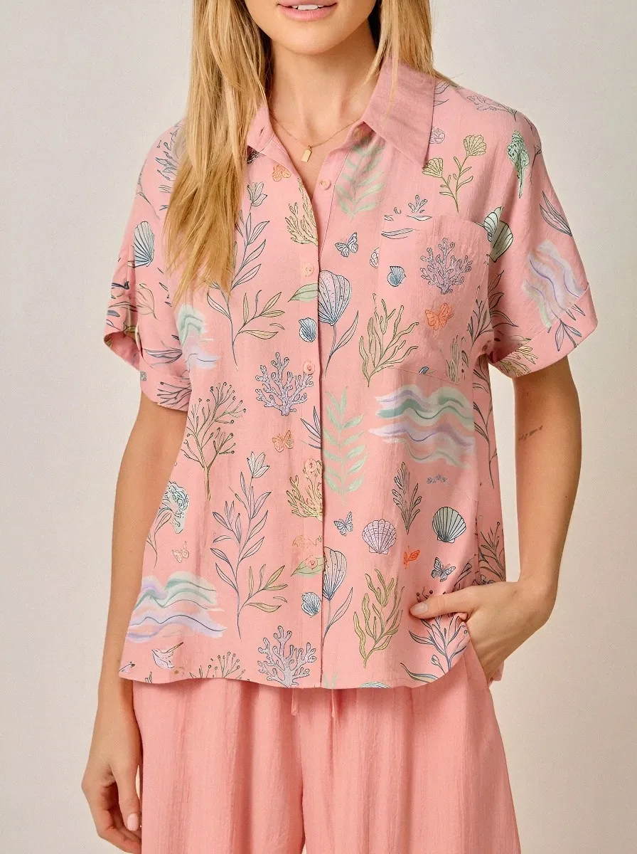 Women's Beach Vacation Coral Reef Seashell Printed Button-up Shirt