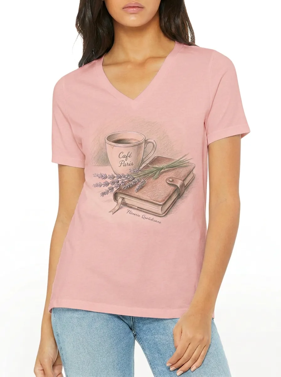 Women's Paris Cafe Book Lover Lavender Printed V-Neck T-Shirt