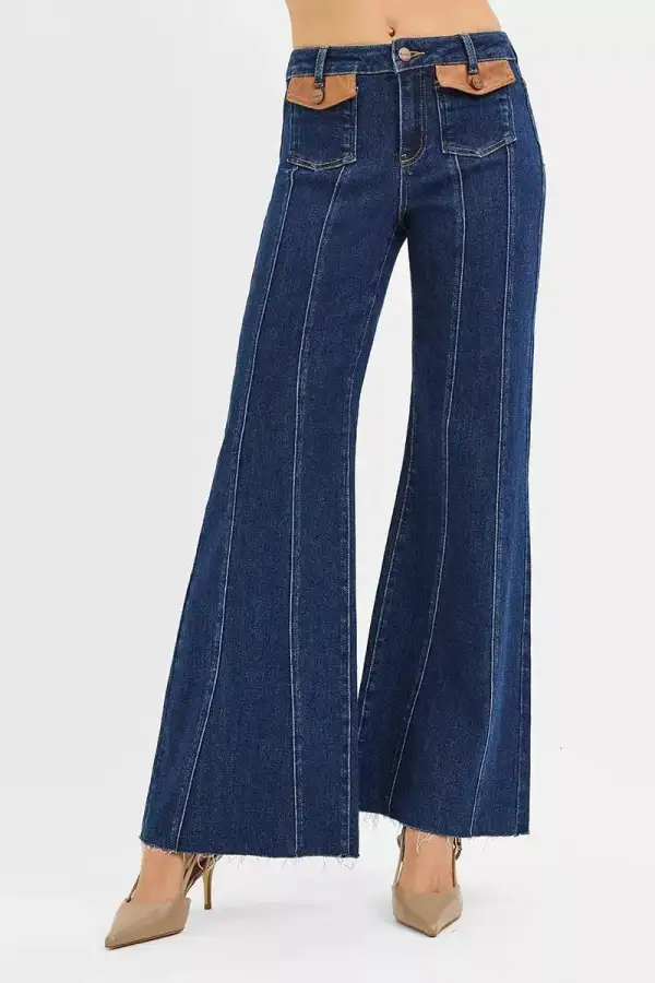High Rise Flare Raw Hem Pocketed Denim Jeans