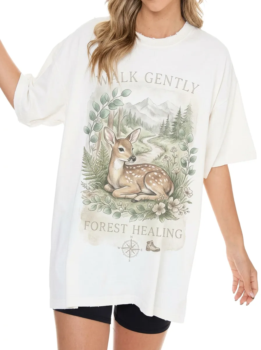 Women's Nature Lover Deer Forest Walk Gently Printed T-shirt