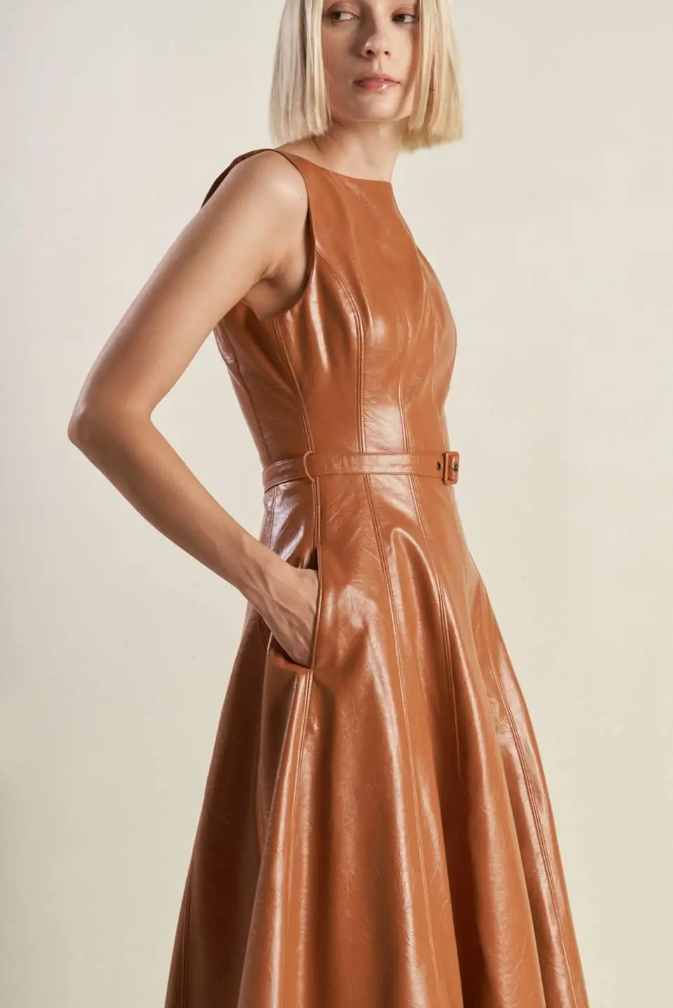 Sleeveless Faux-Leather Midi Dress