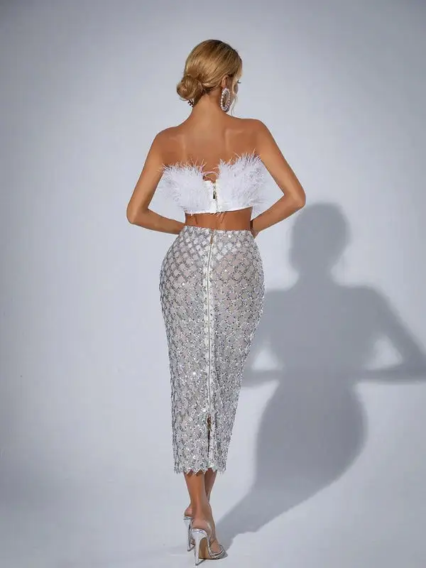 Ansley Strapless Feather Mesh Skirt Set In White
