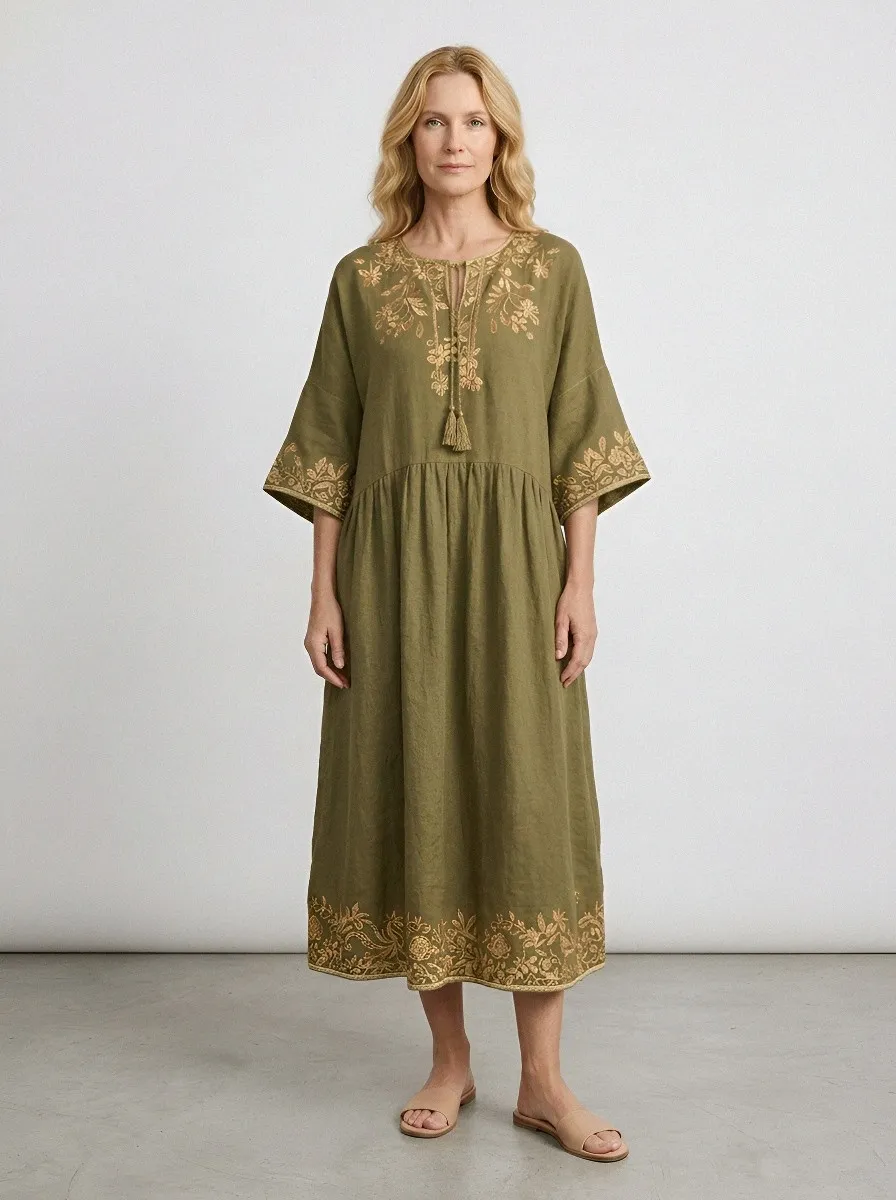 Women's Summer Vacation Olive Floral Embroidered Printed Dress
