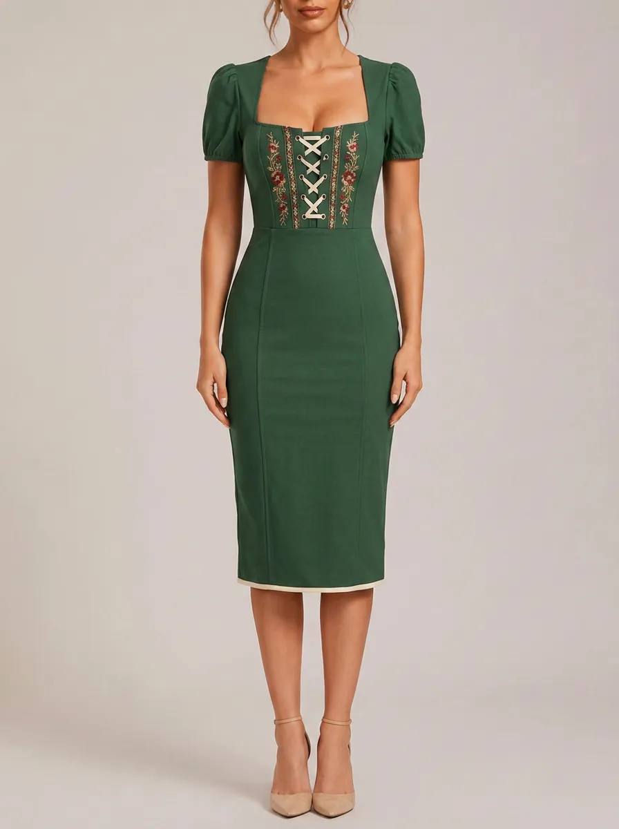 Women's Floral Lace-Up Dirndl-Inspired Fitted Dress