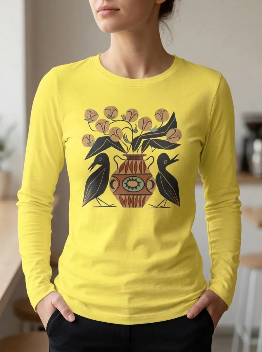 Women's Folk Art Bird and Vase Floral Printed Long Sleeve Top