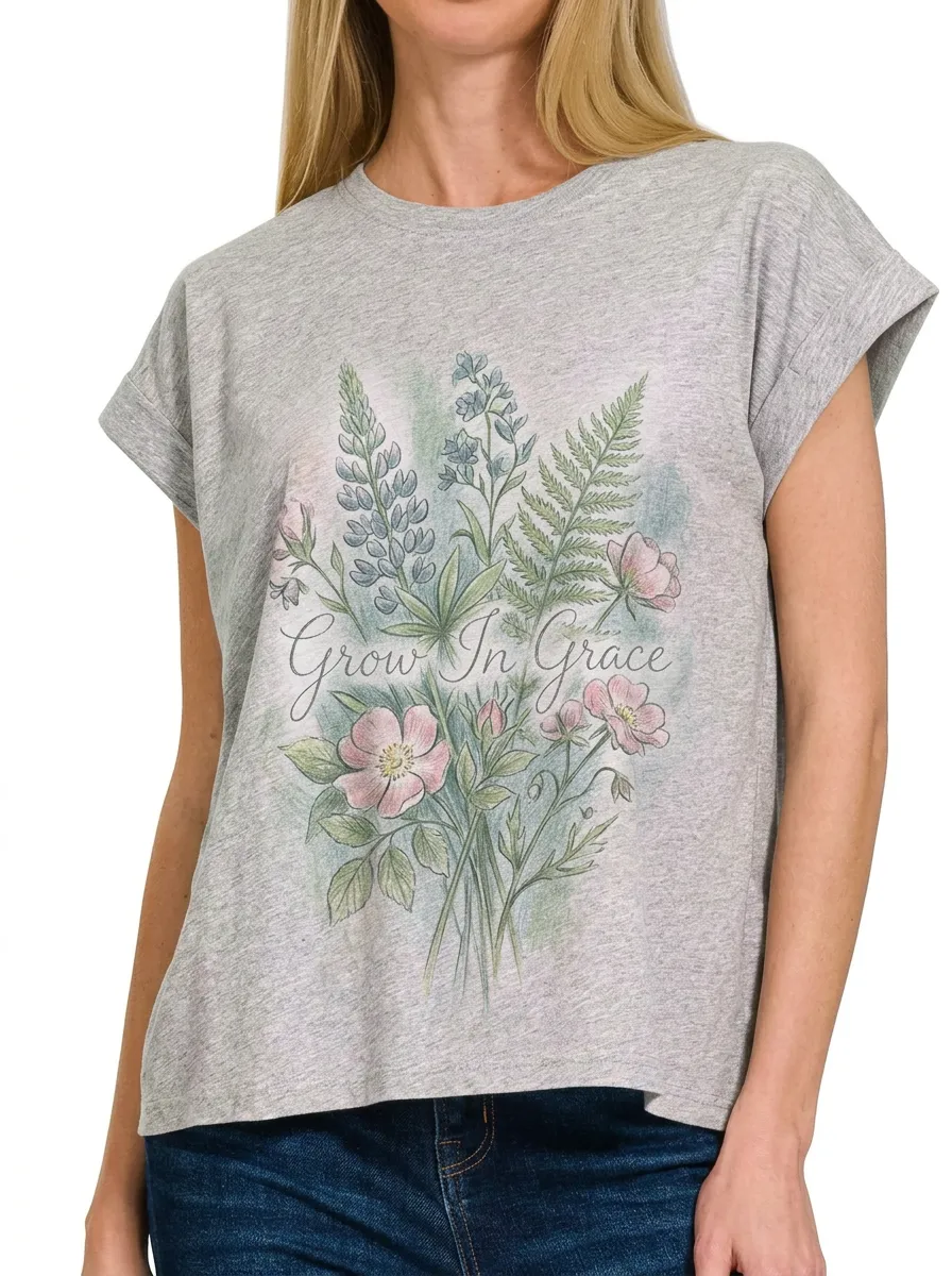 Women's Grow In Grace Floral Bouquet Printed T-shirt
