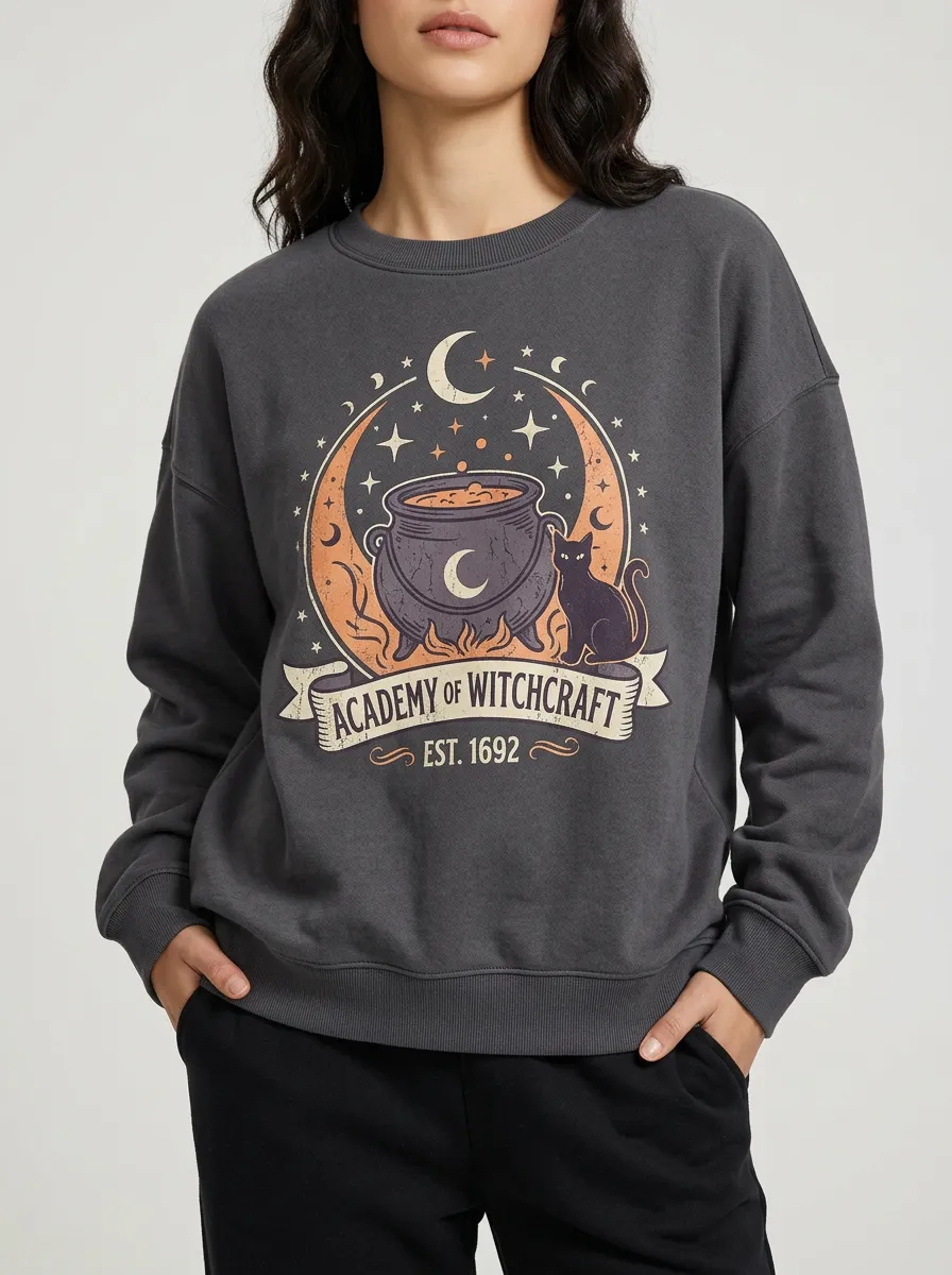 Women's Halloween Witchcraft Cauldron Black Cat Printed Sweatshirt