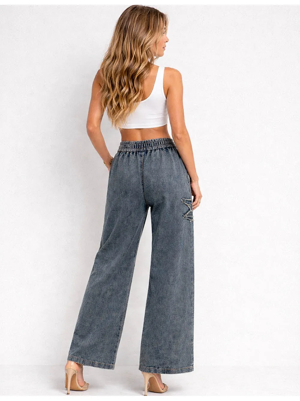 Star Distressed Drawstring Waist Wide Leg Denim Pants