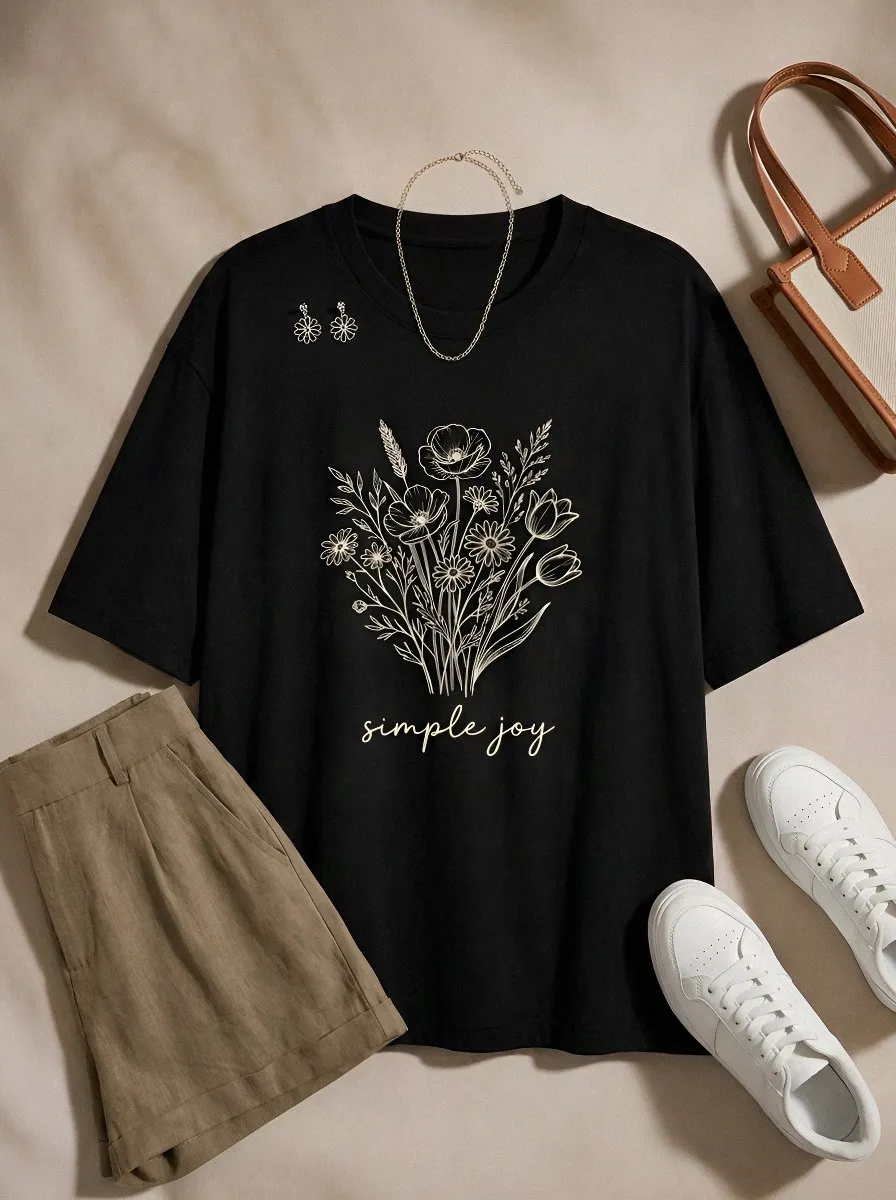 Women's Floral Lover Simple Joy Wildflower Bouquet Printed T-shirt