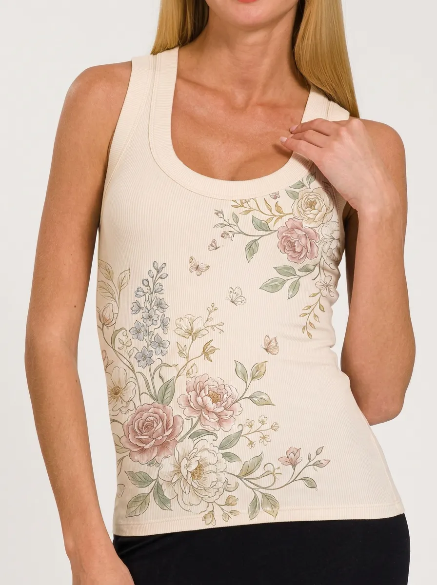 Women's Floral Lover Vintage Rose Butterfly Printed Ribbed Tank Top